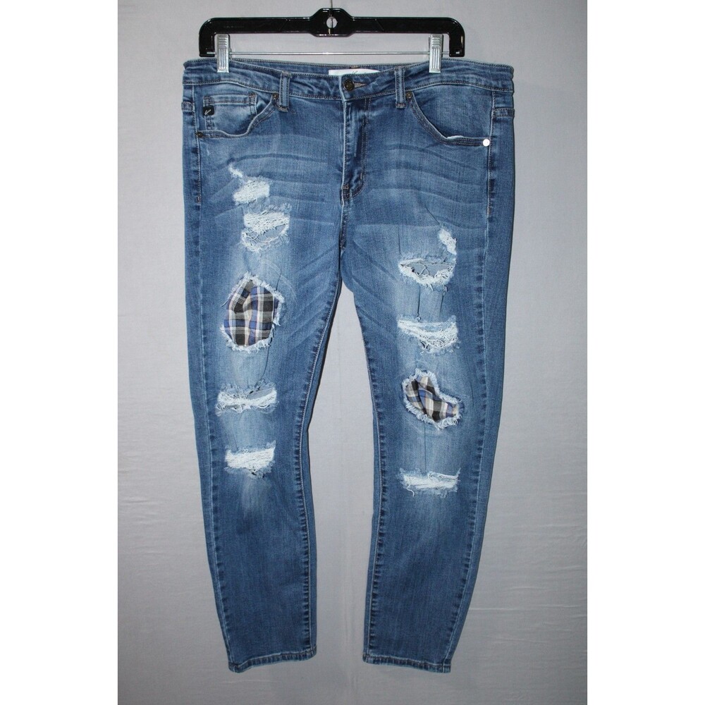 KanCan Distressed Women’s Skinny Jeans Size 15/31 Plaid Patch Casual